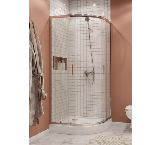 Душевое ограждение Santek Вэлия 90x90x195 см, форма 1/4 круга, раздвижные двери, профиль хром, стекло прозрачное 1WH501795