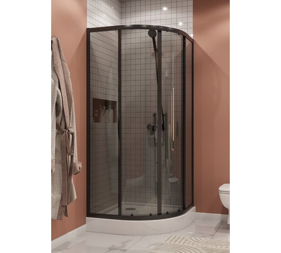 Душевое ограждение Santek Вэлия 90x90x195 см, форма 1/4 круга, раздвижные двери, черный профиль, стекло тонированное 1WH501799