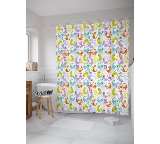 Штора (занавеска) для ванной JoyArty "Веселые дракоши" из сатена, 180х200 см с крючками, sc_58901 1