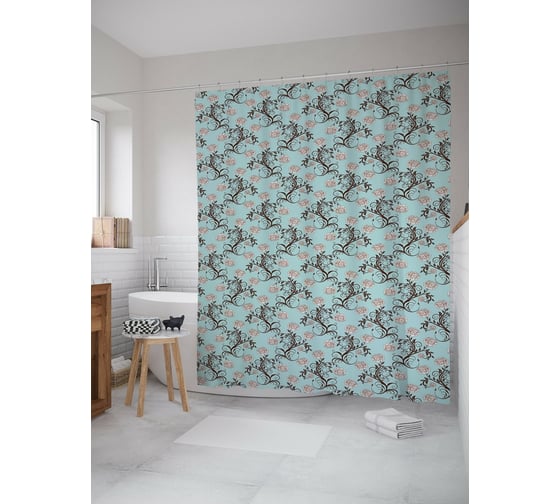 Штора (занавеска) для ванной JoyArty "Узорные букеты" из сатена, 180х200 см с крючками, sc_54320