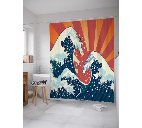 Штора (занавеска) для ванной JoyArty "Водяной вал" из сатена, 180х200 см с крючками, sc_37606 1