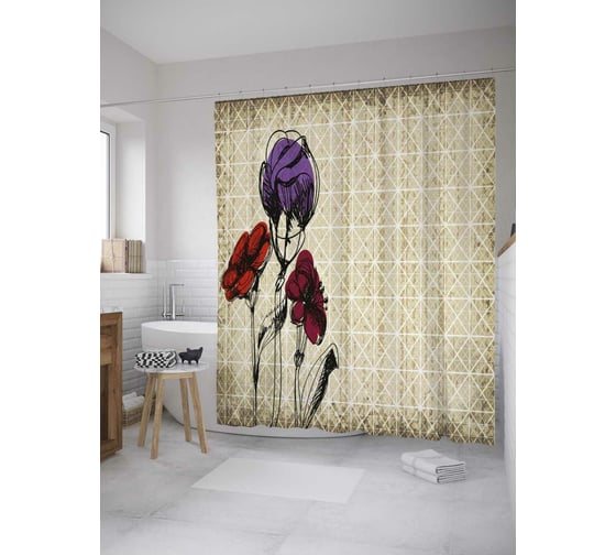 Штора (занавеска) для ванной JoyArty "Штрихованные цветы" из сатена, 180х200 см с крючками, sc_32618