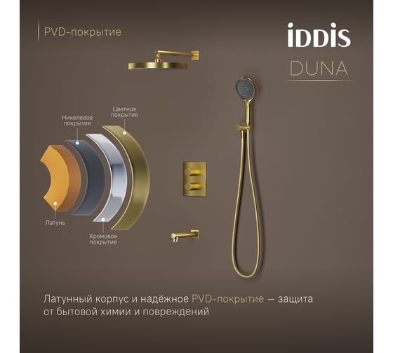 Душевая система с тропическим, ручным душем и изливом IDDIS Duna с термостатом, матовое золото DUNMGSTi68