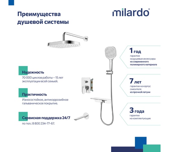Душевая система скрытого монтажа Milardo Azure с тропическим душем, ручным душем и изливом, глянцевый хром AZUSB03M68