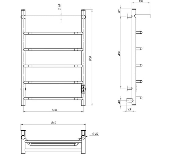 Полотенцесушитель MIXLINE MIRA 80x50 таймер, 336 Вт, 5 перекладин + ПОЛКА электрический ЧЕРНЫЙ 556357
