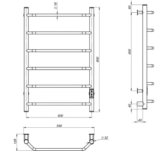 Полотенцесушитель MIXLINE MIRA 80x50 таймер, 253 Вт, 6 перекладин электрический ЧЕРНЫЙ 556351