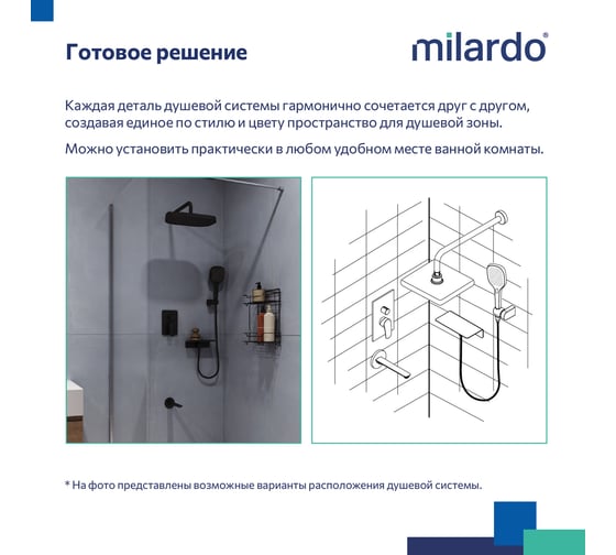 Душевая система скрытого монтажа Azure Milardo с тропическим душем, ручным душем и изливом, черный матовый AZUBL03M68