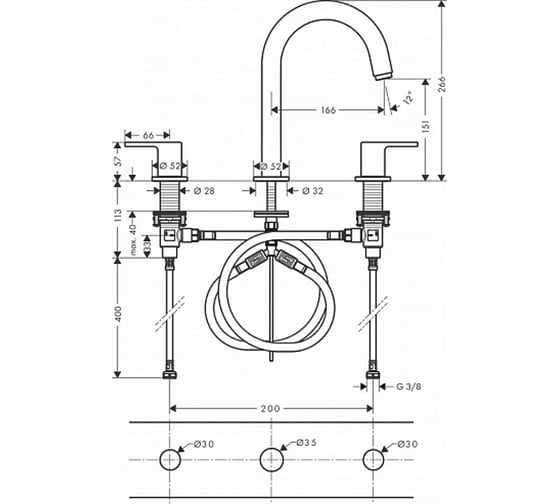 Смеситель для раковины Hansgrohe Vernis Shape  на 3 отверстия, со сливным гарнитуром, хром 71563000