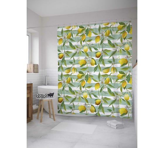 Штора (занавеска) для ванной JoyArty "Лимоновые веточки" из сатена, 180х200 см с крючками, sc_31930 1