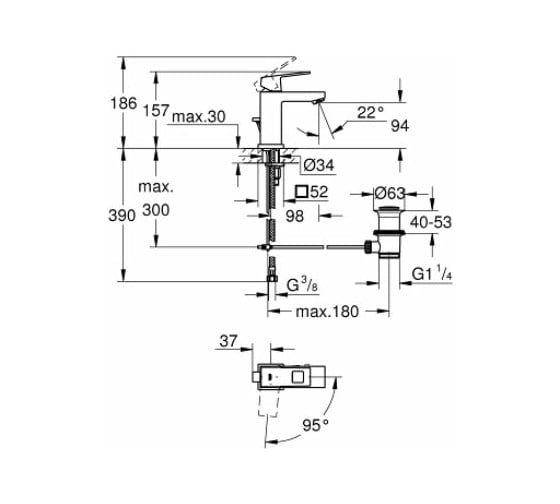 Однорычажный смеситель для раковины GROHE Eurocube со слив гарнитуром, с энергосберегающим картриджем 2339000E