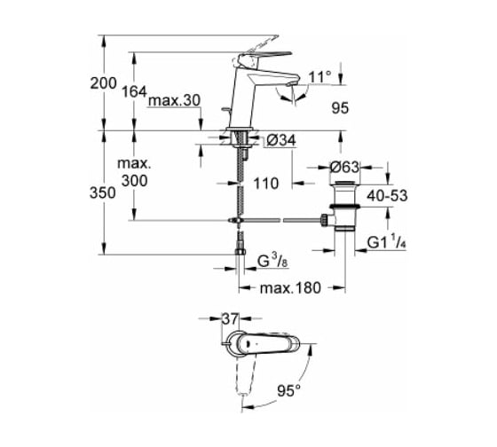 Однорычажный смеситель для раковины GROHE Eurodisc Cosmopolitan со слив гарнитуром, средний излив 2338920E