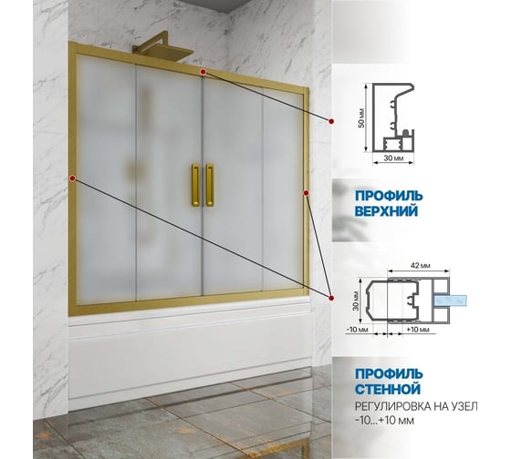 Шторка на ванну GuteWetter GWMPKB019P4 130x150 см, цвет фурнитуры бронзовый, цвет стекла матовый, стекло закаленное 6 мм, открывание двери левое / правое 4698031293285