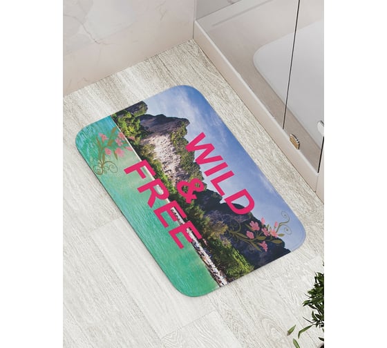 Коврик противоскользящий JoyArty "Надпись на фоне пляжа и скал" для ванной, сауны, бассейна, bath_5026