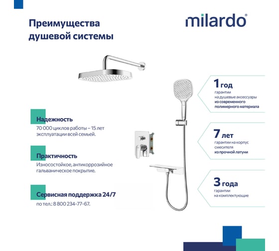 Душевая система скрытого монтажа Milardo Azure с тропическим душем и ручным душем, глянцевый хром AZUSB02M67