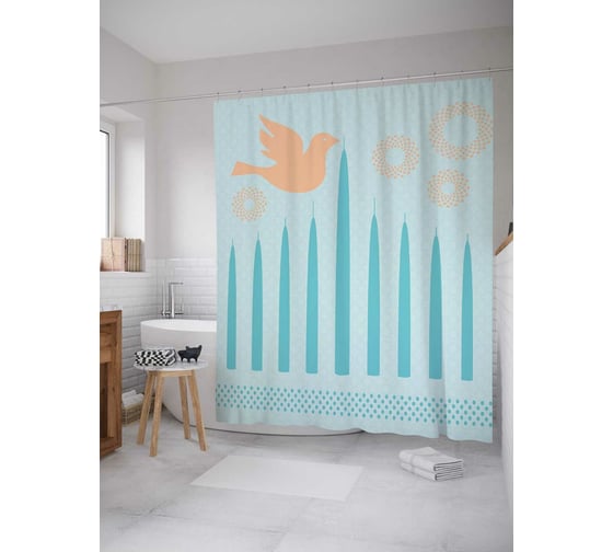 Штора (занавеска) для ванной JoyArty "Голубь мира и свечи" из сатена, 180х200 см с крючками, sc_5865