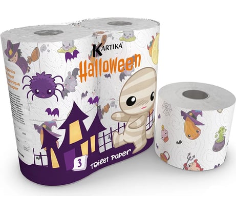 Туалетная бумага World Cart Helloween с рисунком, Kartika Collection, 3 слоя, 4 рулона/200 листов HLW-TT-01