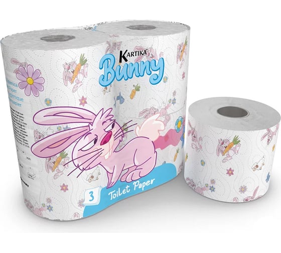 Туалетная бумага World Cart Кролик с рисунком, Kartika Collection, 3 слоя, 4 рулона/200 листов BNN-TT-01 1