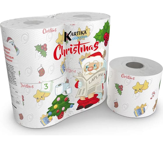 Туалетная бумага World Cart Рождество с рисунком, Kartika Collection, 3 слоя, 4 рулона KGCHR-TT-05