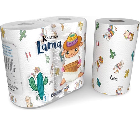 Бумажные полотенца World Cart Лама, Kartika Collection, 2-х слоя, 2 рулона/70 листов KGLAM-KT-01