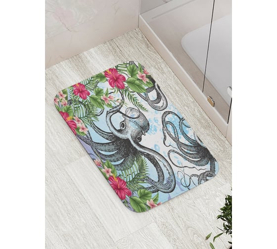 Коврик противоскользящий JoyArty "Осьминог и цветы" для ванной, сауны, бассейна, bath_4698 1