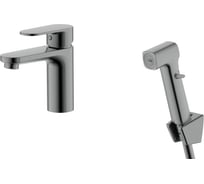 Смеситель для раковины AQUATEK AQ1812BGM НИКА 90 без донного клапана с гигиеническим ручным душем, оружейная сталь 00000143134