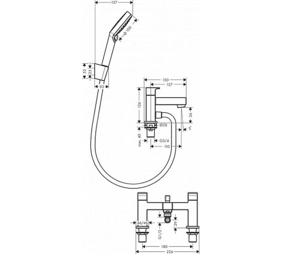 Смеситель на борт ванны с гарнитуром Hansgrohe Vernis Shape 71462000