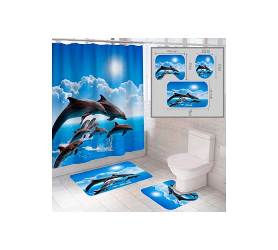 Комплект шторка и два коврика SANTRADE в одном дизайне Океан 0353 1