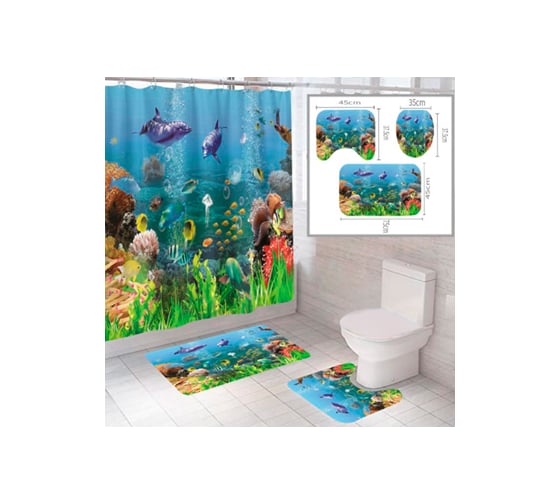 Комплект шторка и два коврика SANTRADE в одном дизайне Океан 0342 1