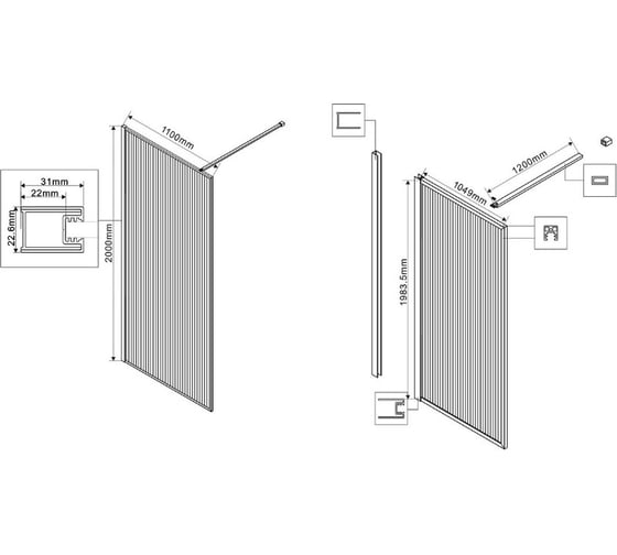 Душевая перегородка VINCEA Walk-In 1100_2000, черный, стекло рифленое VSW-1HP110FLB