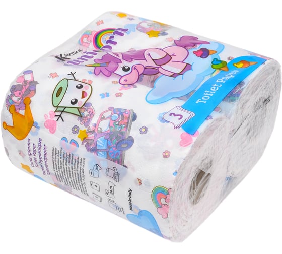 Туалетная бумага World Cart Kartika Collection Единорог с рисунком, 3 слоя, 4 рулона/200 листов KGUNC-TT-01