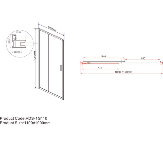 Душевая дверь VINCEA Garda, 1100, черный, стекло прозрачное VDS-1G110CLB