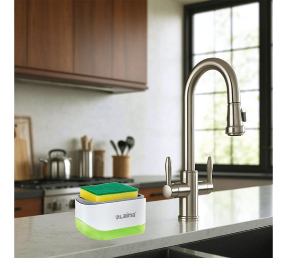 Диспенсер/дозатор для моющего средства LAIMA органайзер + губка, БЕЛЫЙ, 14,5x9х10см, HOME 700041