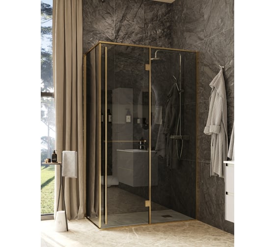 Дверь распашная Roca Apex правая, с боковой панелью, 1200x800 мм, профиль матовое золото, стекло тонированное ZRU9307888 1