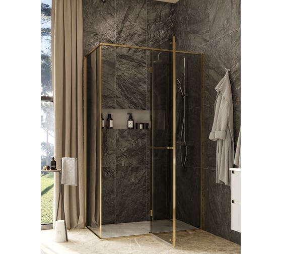 Дверь распашная Roca Apex правая, с боковой панелью, 1400x800 мм, профиль матовое золото, стекло тонированное ZRU9307891 1