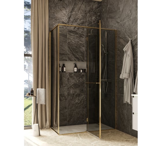 Дверь распашная Roca Apex правая, с боковой панелью 1400x700 мм, профиль матовое золото, стекло тонированное ZRU9307890 1