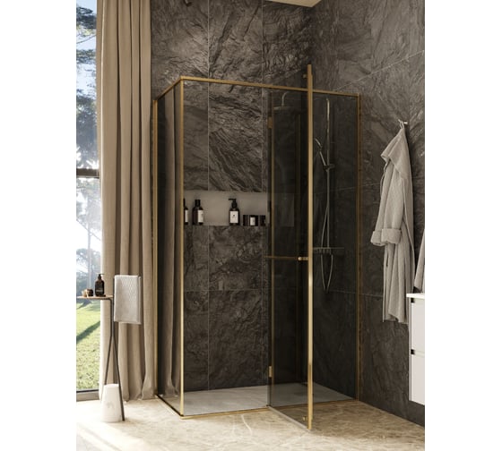 Дверь распашная Roca Apex правая с боковой панелью, 1200x900 мм, профиль матовое золото, стекло тонированное ZRU9307889 1