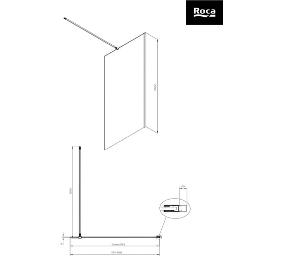 Перегородка Roca Metropolis Walk-In 1200x2000 мм, профиль хром, стекло прозрачное ZRU9307679