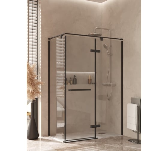 Дверь распашная Roca Acropolis с боковой панелью 1400x700 мм правая, профиль матовый черный, стекло прозрачное ZRU9307904 1