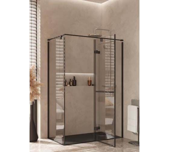 Дверь распашная Roca Acropolis с боковой панелью 1200x900 мм правая, профиль матовый черный, стекло прозрачное ZRU9307903 1