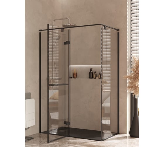 Дверь распашная Roca Acropolis с боковой панелью 1400x700 мм левая, профиль матовый черный, стекло прозрачное ZRU9307886 1