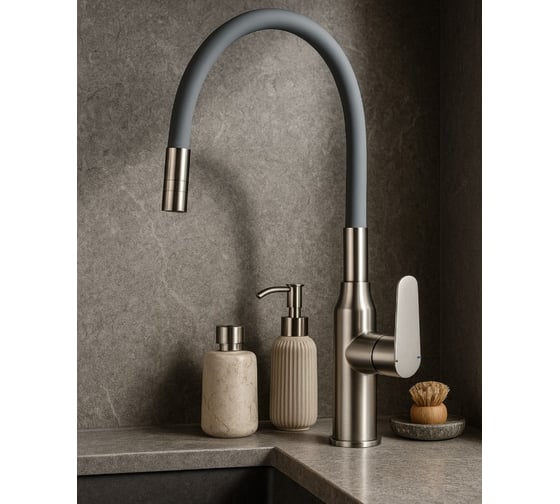 Смеситель одноручный decoroom для кухни с гибким изливом, никель/серый DR29024BN-Gray 1