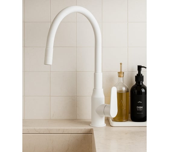 Смеситель одноручный decoroom для кухни с гибким изливом, белый матовый DR29024W 1