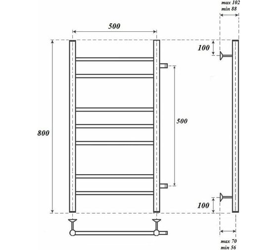 Водяной полотенцесушитель Point Аврора П7 500x800 с боковым подключением 500, хром PN10558