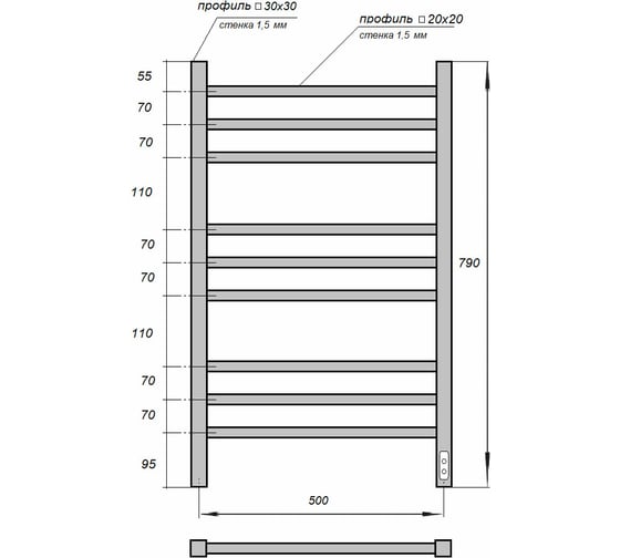 Электрический полотенцесушитель Point Вега П9 500x800, диммер справа, черный PN71858B