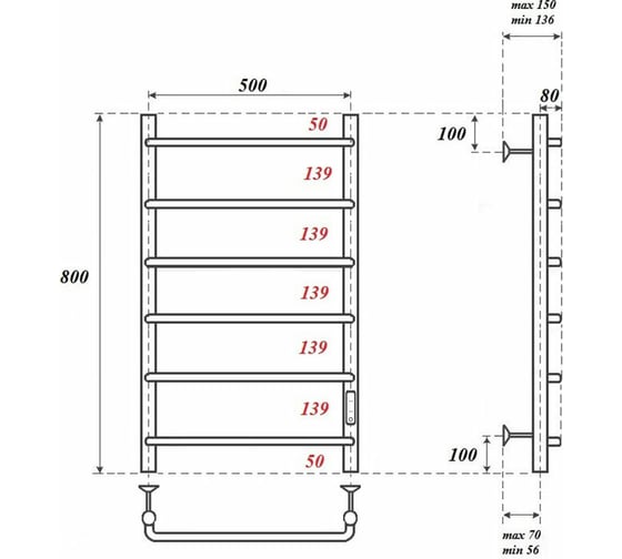 Электрический полотенцесушитель Point Ника П6 500x800 диммер справа, хром PN08858