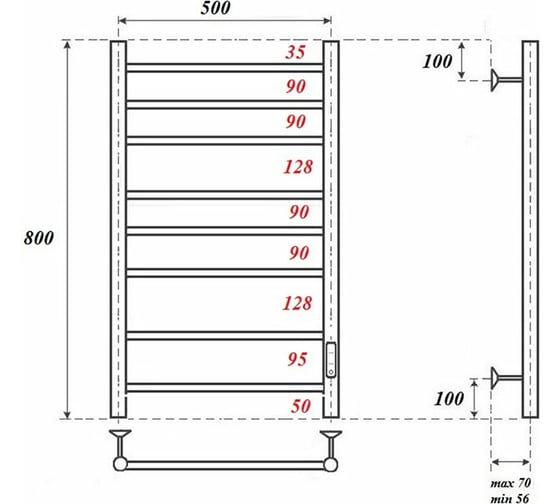 Электрический полотенцесушитель Point Аврора П8 500x800 диммер справа, хром PN10858