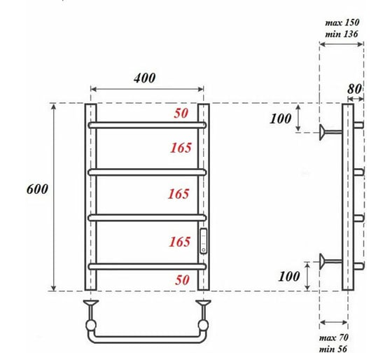 Электрический полотенцесушитель Point Ника П4 400x600 диммер справа, хром PN08846