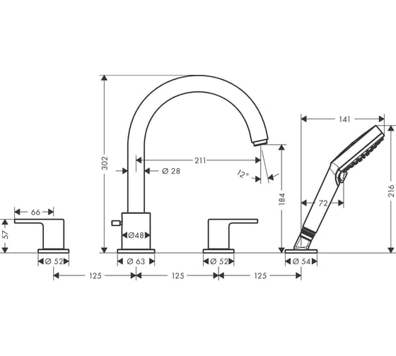 Смеситель на край ванны Hansgrohe Vernis Shape на 4 отверстия, матовый черный 71459670