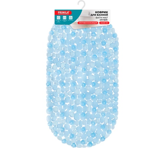 Коврик для ванны противоскользящий PRIMILA 64х36см Ручей овальный голубой, ПВХ, присоски, , 700390 1
