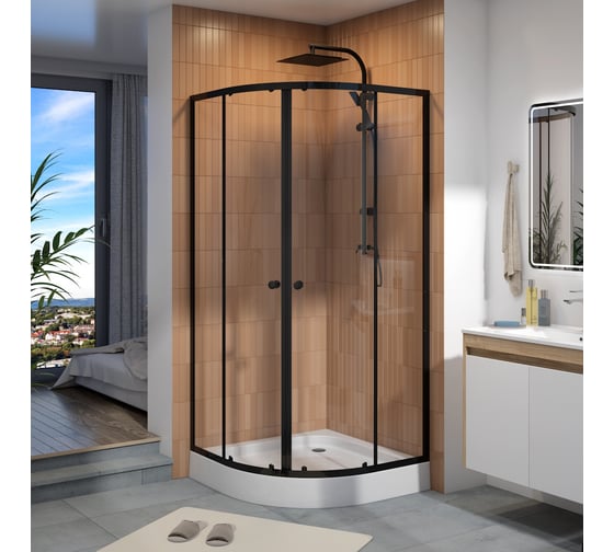 Душевой уголок Teymi 90х90 с поддоном стекло прозрачное закаленное профиль черный матовый Lina сифон клик-клак в комплекте T00504 T00504 ЦБ-00272616 1